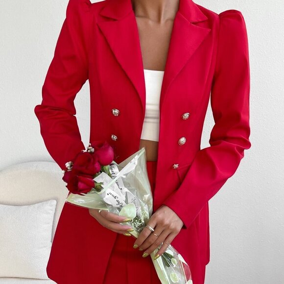 Red Elegant Women's Double Breasted Blazer & Mini Skirt - Picture 6 of 6